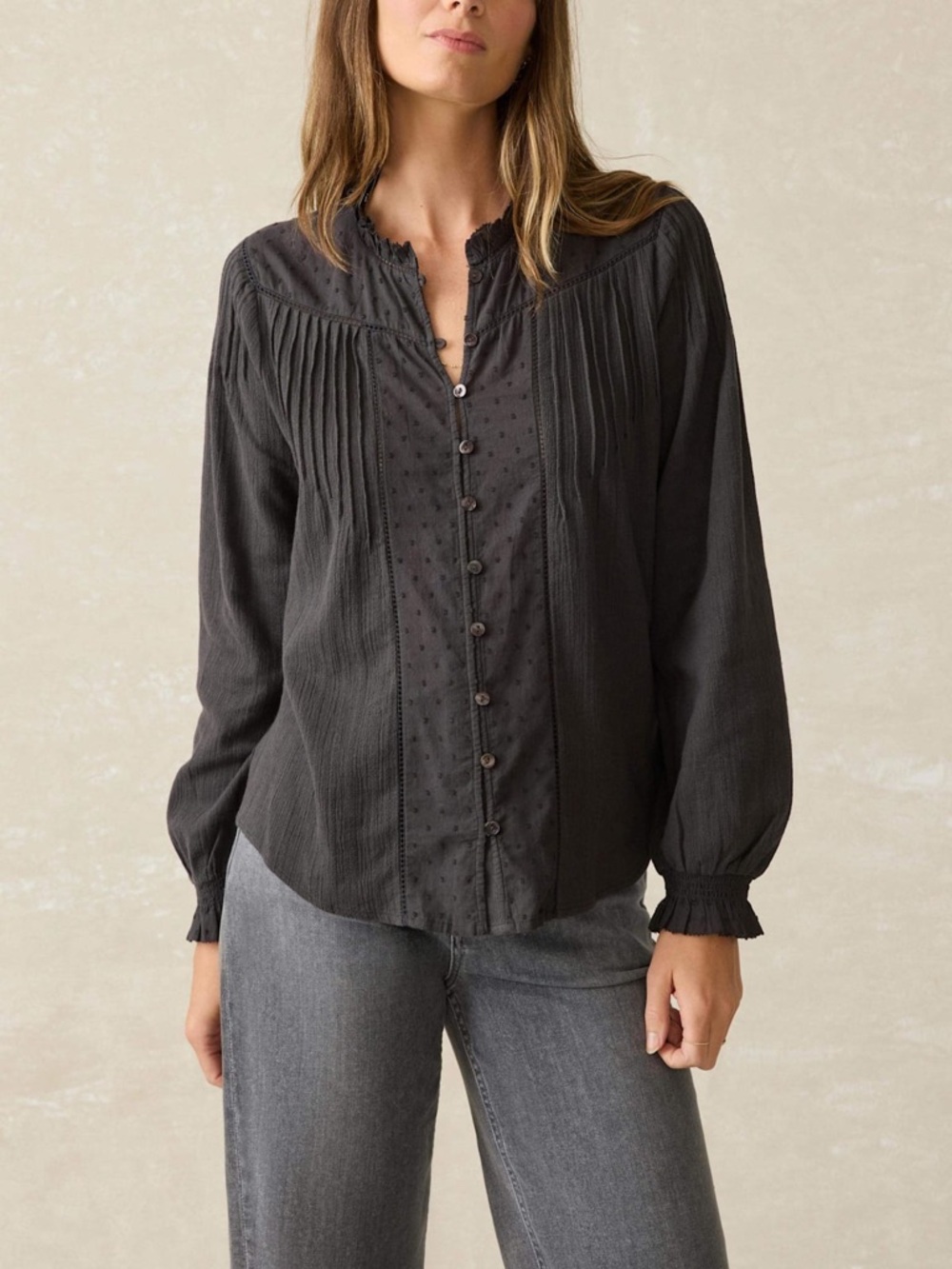 Faherty Black Pintuck Button-Up Blouse